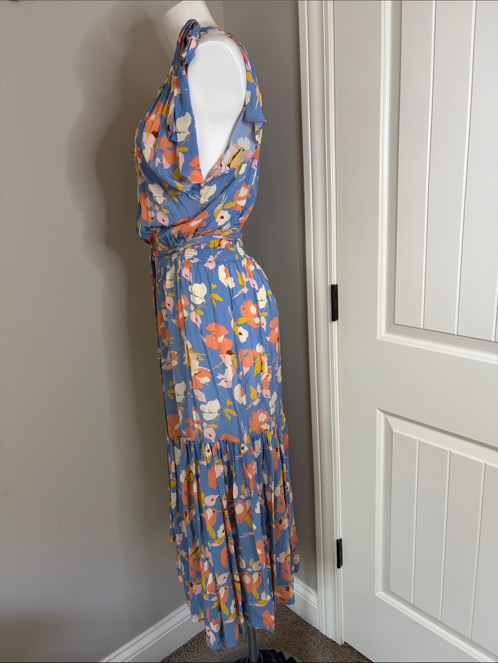 Shoshanna Peony Dress Slate Blue Multi Maxi Floral side shoulder tie belt Sz 10 - Picture 7 of 15